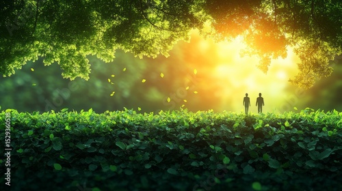 Two Silhouetted Figures Walking Through Lush Green Forest at Sunrise