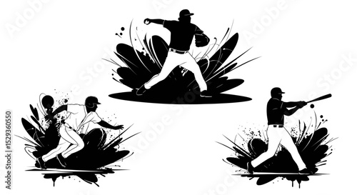Silhouetted Baseball Players in Action with Dynamic Abstract Elements