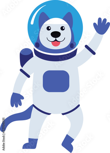 Vector illustration of a cute dog astronaut wearing a spacesuit. This cheerful character is waving and is ideal for space or science-themed designs.