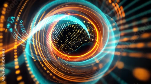 Dynamic neon vortex with futuristic data streams and rotating light patterns. Big data visualization
