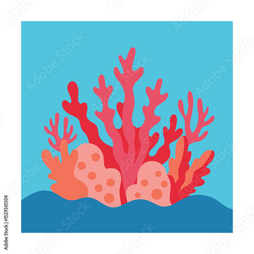 Colorful cartoon coral reef illustration depicting underwater marine life in a flat design