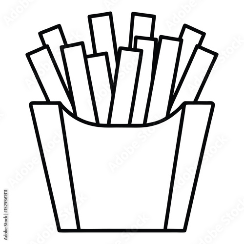 A minimalist vector icon of french fries in a carton. This classic fast-food symbol, designed in a thin line art style, is ideal for restaurant menus, food apps, and branding. The simple outline is mo