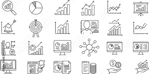 Collection of Line Icons for Data Analysis, Business Growth, and Marketing Charts
