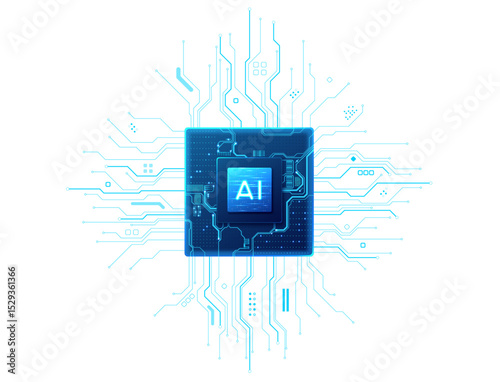 AIsolated abstract digital AI chip or semiconductor with circuit board wires and electronics components. Tech microchip or processor. Artificial Intelligence core. 