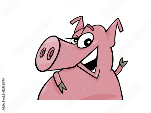 Happy Cartoon Pig Waving Hello with a Big Smile and Playful Eyes