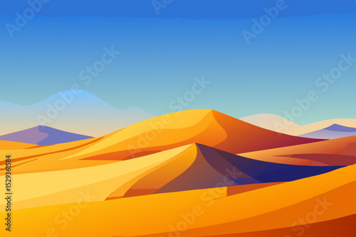 Minimalist Desert Landscape with Flowing Sand Dunes and Blue Sky – Modern Vector Illustration