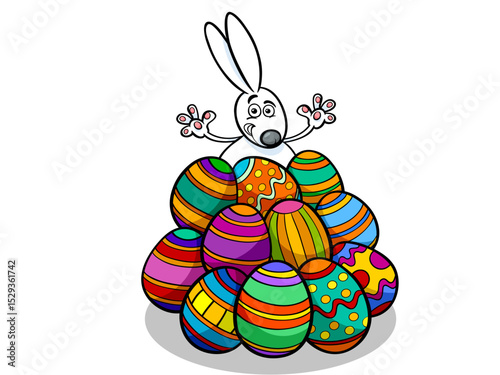 Easter Bunny Overwhelmed By Decorated Eggs Celebration Illustration Concept