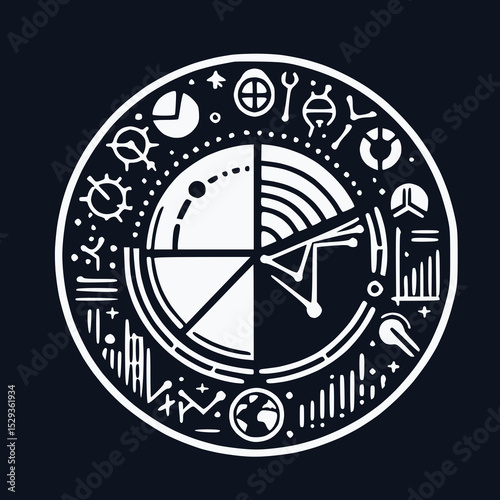 Circular Data Analysis Chart with Gears and Progress Bars