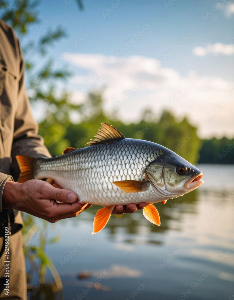 Fototapeta premium A freshly caught fish is proudly held up by two hands against the backdrop of a calm lake and lush green trees under the warm sunlight. 