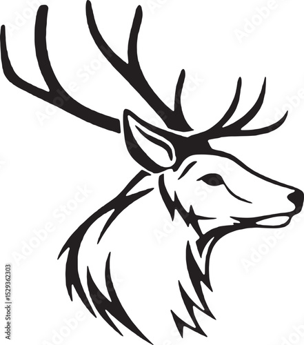 Detailed deer head with extra sharp antlers and clean vector lines. A crisp and masculine design perfect for rustic apparel, deer hunting clubs, or outdoors lifestyle merchandise.