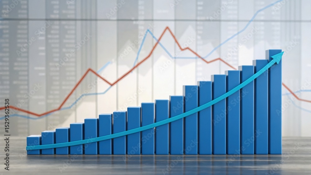 Obraz premium A bar chart displaying growth trends with blue bars and an upward arrow overlay against a blurred background of financial data.