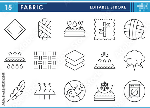 A set of line icons related to Fabric Features. Fabric, cloths, thread, sew, waterproof, layers, comfort, knitting, and so on. Vector editable stroke.