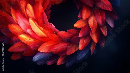 Vibrant Feather Wreath in Red and Blue Colors on Dark Background