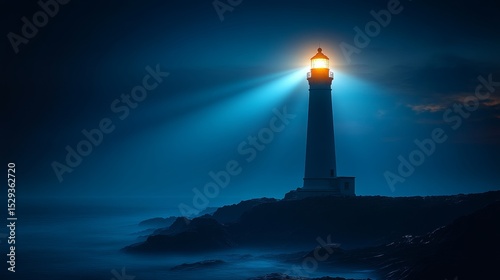Illuminated Lighthouse at Dusk with Dramatic Sky and Ocean Waves