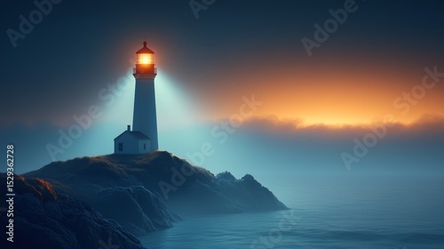 Serene Lighthouse at Dusk with Soft Lights and Calm Ocean Waves