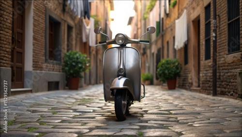 Vintage Scooter Parked in Cobblestone Alleyway in Europe