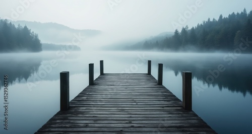 Misty Lake with Wooden Dock Under Soft Morning Light