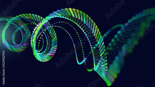 Abstract grid helix from color polygons in dark cyberspace. Futuristic color grid digital portal with twisting particles flow.