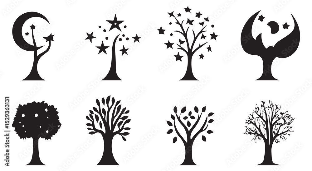 Obraz premium Eight Black Silhouette Trees Stars Moon Icons vector