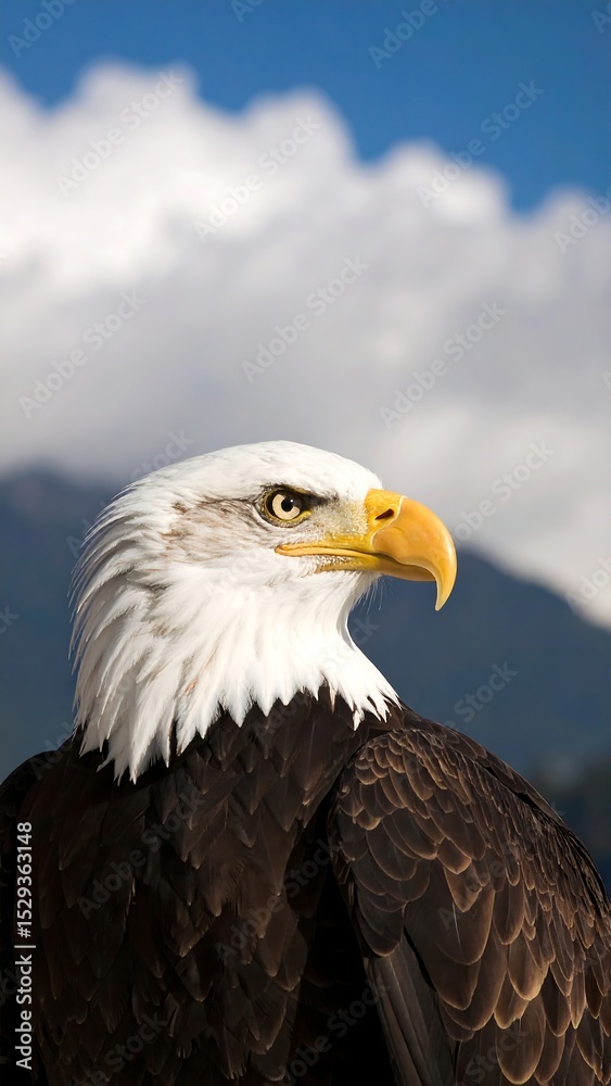 Obraz premium Bald Eagle Portrait with Mountains, and Sky.