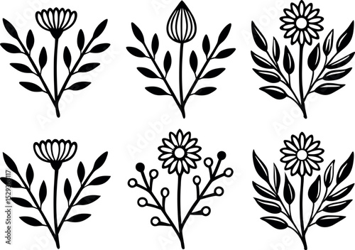 Elegant hand drawn floral elements collection in black and white for design use