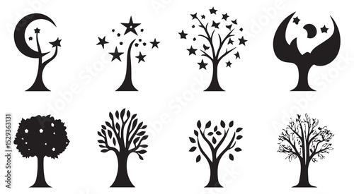 Eight Black Silhouette Trees Stars Moon Icons vector