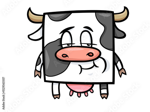 Funny Cartoon Square Cow with a Bored Expression on Farm