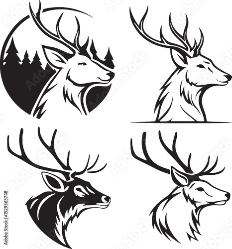 Wallpaper Mural bundle collection of 4 deer head silhouette variations, featuring different styles including forest backgrounds, minimal outlines, and bold profiles. Ideal for diverse branding, print projects, or bun Torontodigital.ca
