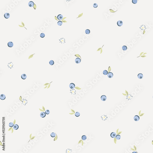 Vector illustration. Seamless pattern of small blueberries on a light beige background. Blackberry pattern,  children's print, designer fabric, textile, wallpaper