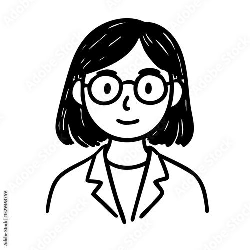 メガネ　女性　白衣　線画　手書き