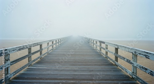 Foggy Beach Boardwalk Leading into Mystery of the Unknown Horizon