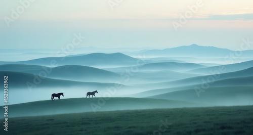 Tranquil Hills with Wild Horses in the Distance at Dawn