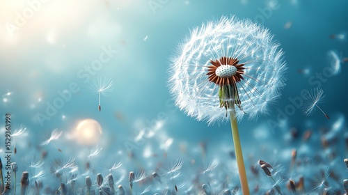 Delicate Dandelion Seed Head Blowing in Soft Blue Breeze with Light Glow
