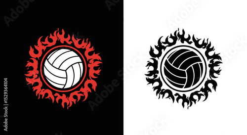 Volleyball Design with Flames in Red and Black Color Scheme