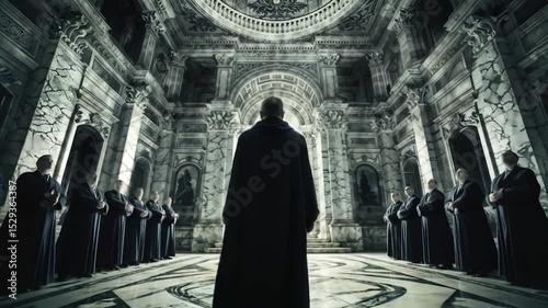 Vatican Curia with different priests and members of the Catholic Church, inside a luxurious palace, choosing the next Pope. Meeting of bishops for a conspiracy theory