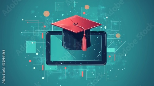 Colorful Digital Graduation Cap Above Tablet with Educational Elements