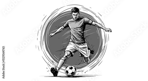 Soccer Player Kicking Ball with Dynamic Brushstroke Background Illustration