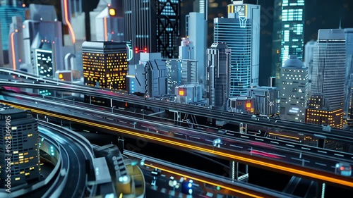 Futuristic cityscape with vibrant lights and dynamic intersection in motion. Big data visualization