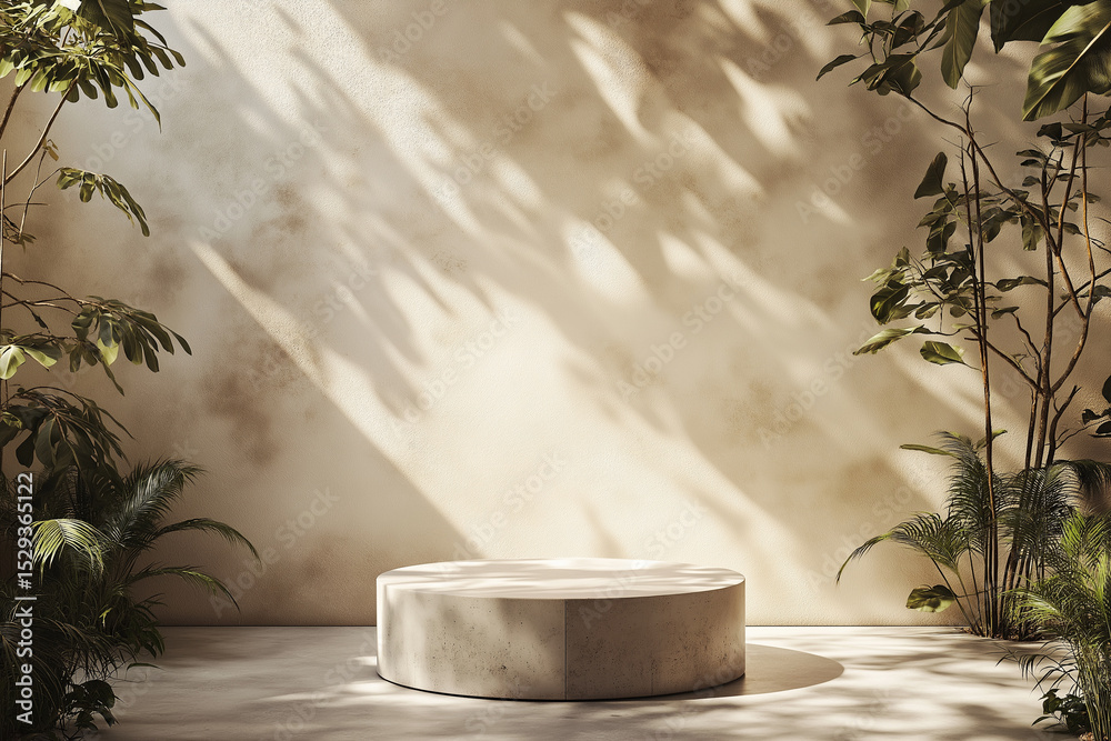 Textured Beige Wall with Tree Shadows and Round Display Pedestal Textured Beige Wall with Tree Shadows and Round Display Pedestal