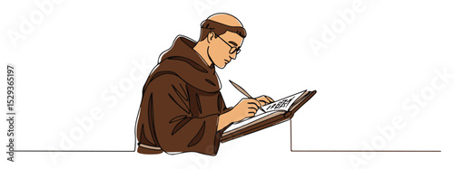 medieval monk writing manuscript minimal vector line art