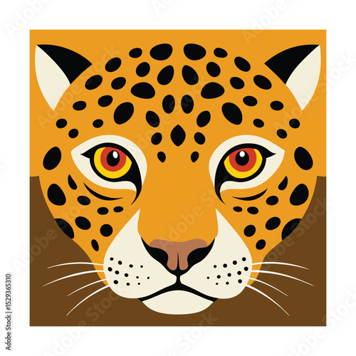 Bold geometric illustration of a jaguar face in square format with animal illustration