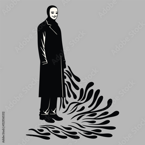 Masked Figure's Dramatic Gesture: A surreal image depicts a figure in a long coat with a blank mask, as they gesture downwards, causing an array of dark fluid to burst forth.