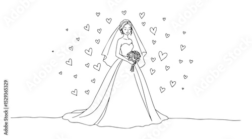 bride in dress with bouquet and hearts outline vector