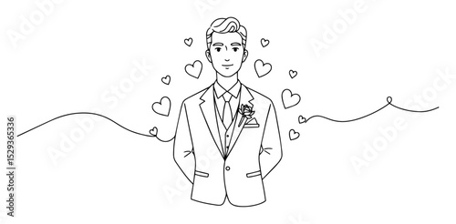 smiling groom with hearts outline wedding illustration