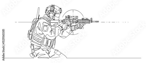 soldier aiming rifle in helmet outline vector drawing