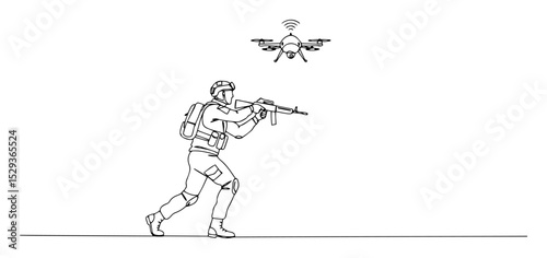 soldier aiming at drone in air outline vector drawing