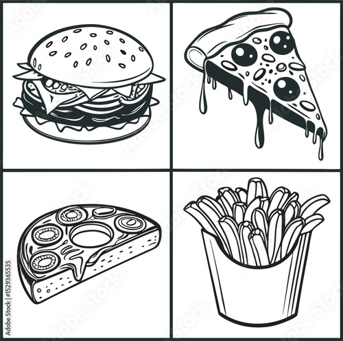
This collection of images displays various black and white illustrations and icons of popular fast food items, beverages, and other food-related elements