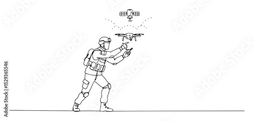 soldier controlling drone with satellite gps signal outline vector
