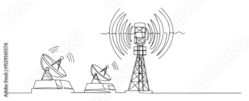 communication tower with satellite dishes and signal waves outline vector