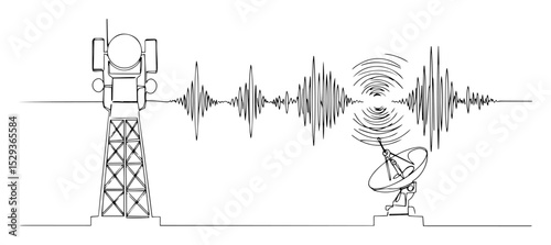 communication tower and satellite dish with sound waves outline vector